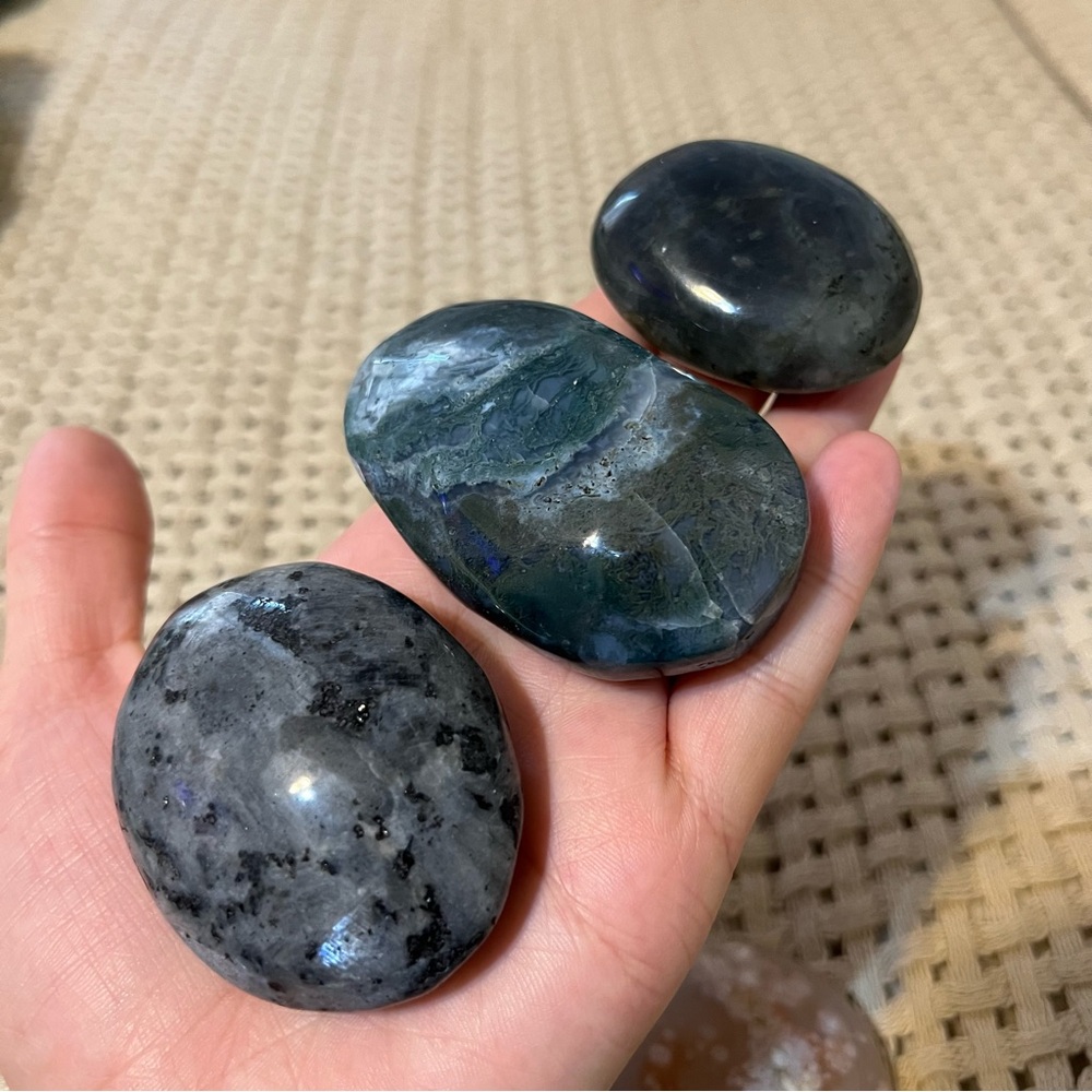Polished Crystal Palm Stone & Sphere Collection Bundle Set Larvakite Labradorite - Picture 1 of 8